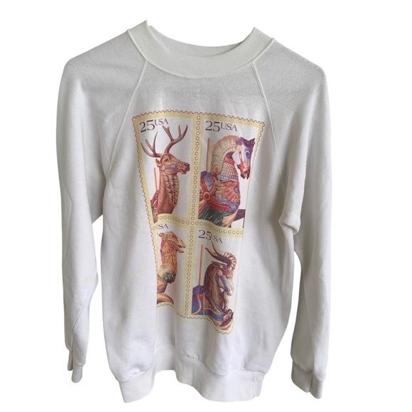 Vintage Postal Stamps Crewneck Sweatshirt Adult Large Mens 80s 90s Sweater Deer - Picture 1 of 9